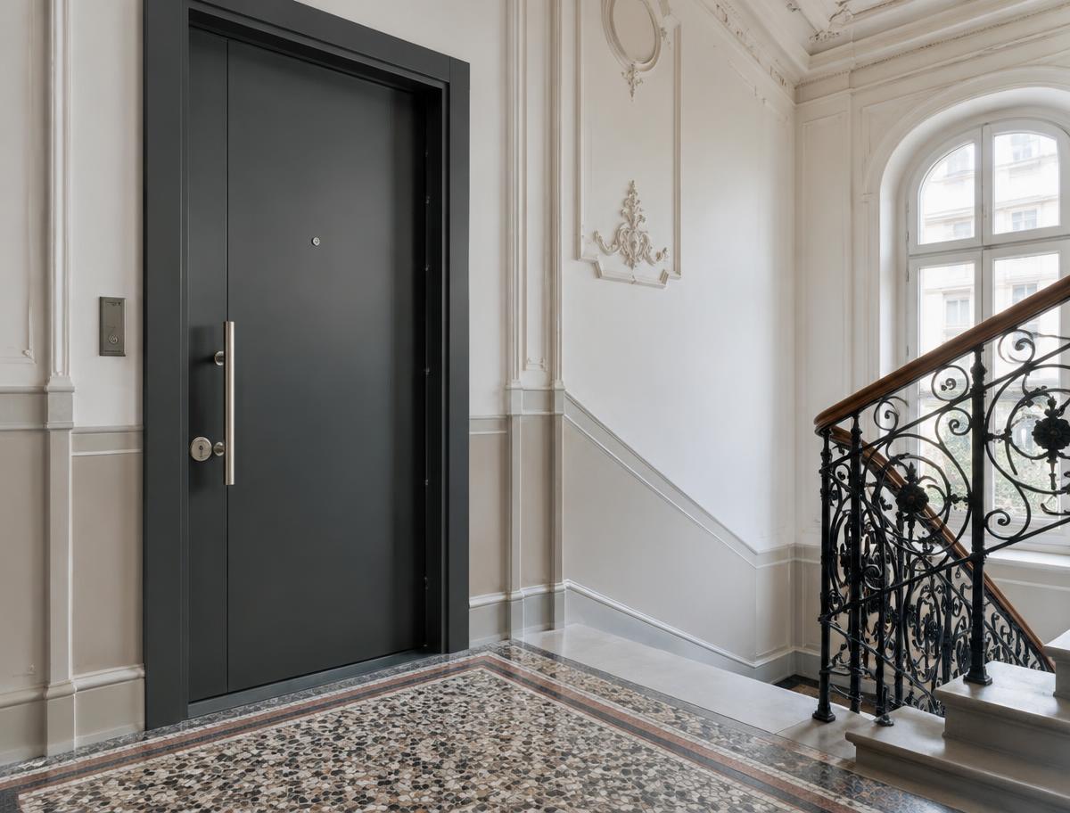 Moderne anthrazitfarbene Sicherheitstür in einem Wiener Altbau-Stiegenhaus