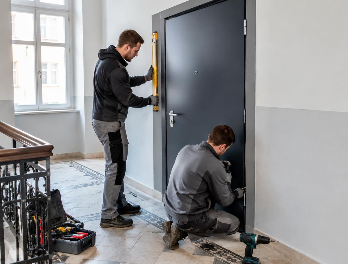 Zwei Monteure von Adams bauen in einem Wiener Stiegenhaus eine neue Wohnungstür ein
