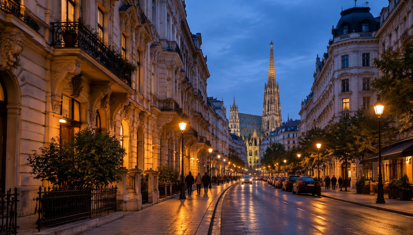 Wiener Straße am Abend mit Blick auf den Stephansdom – Adams Notdienst ist rund um die Uhr unterwegs